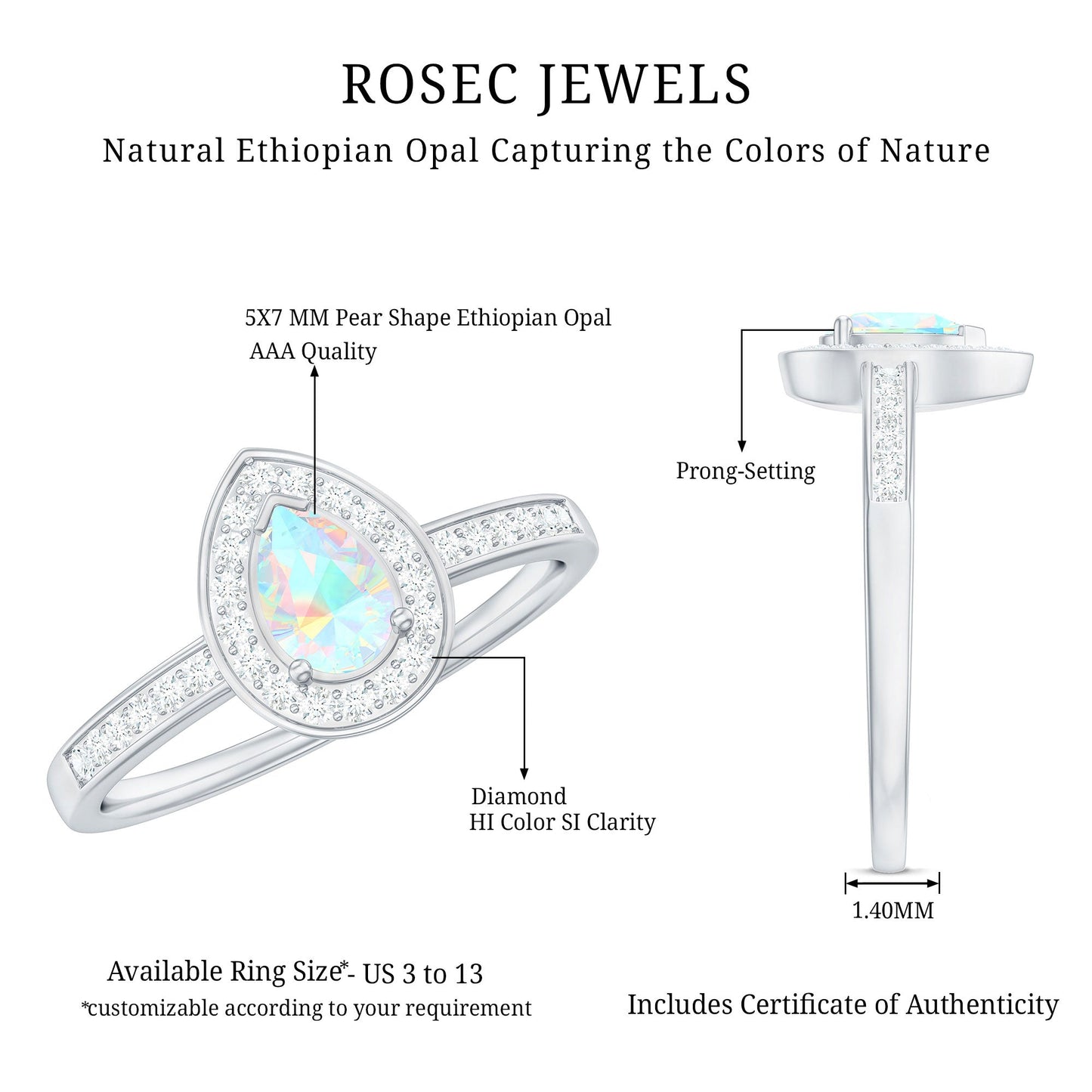Natural 0.7 Carat Opalescent Teardrop Engagement Ring with Diamond Halo