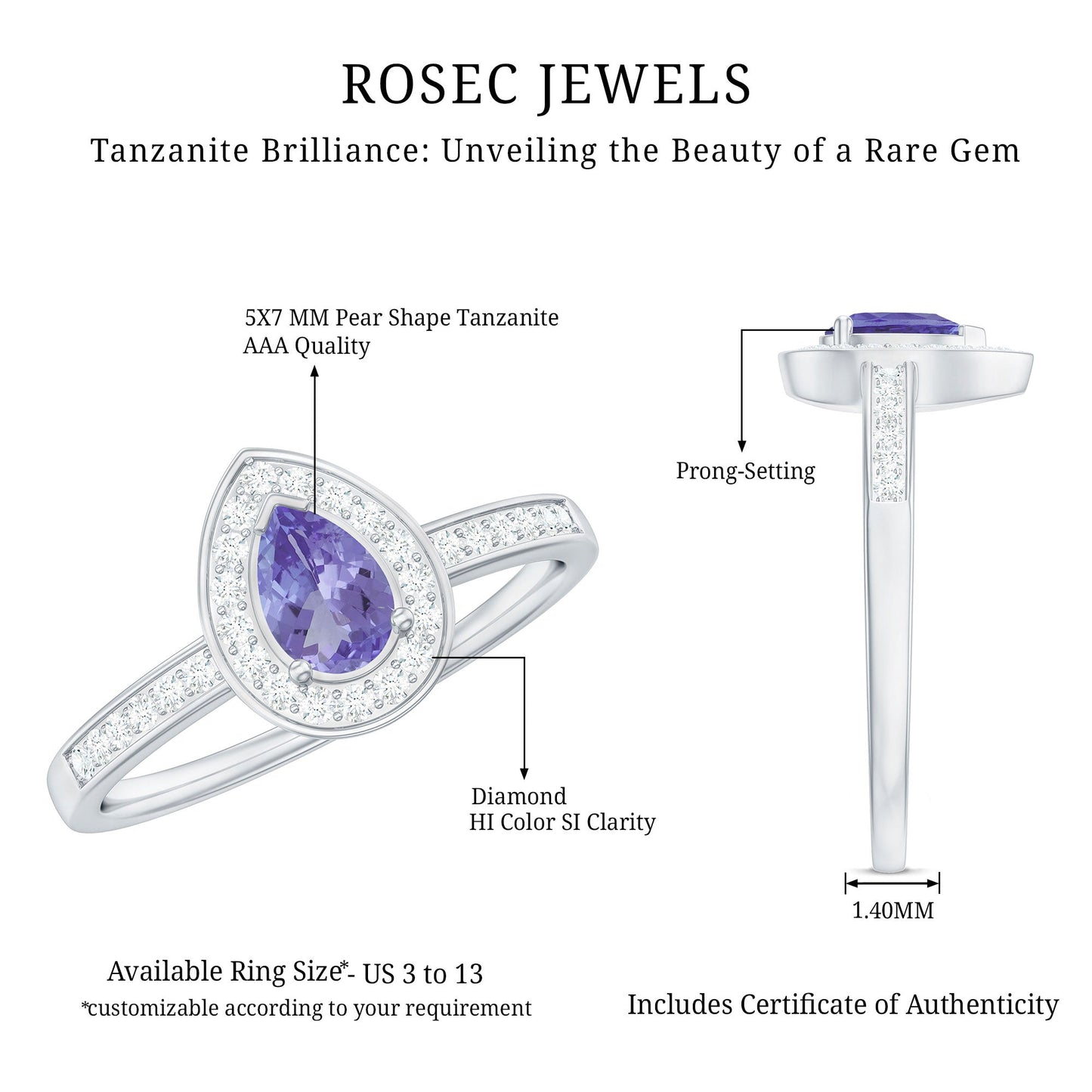 Natural Pear Cut Tanzanite Teardrop Engagement Ring with Diamond Halo