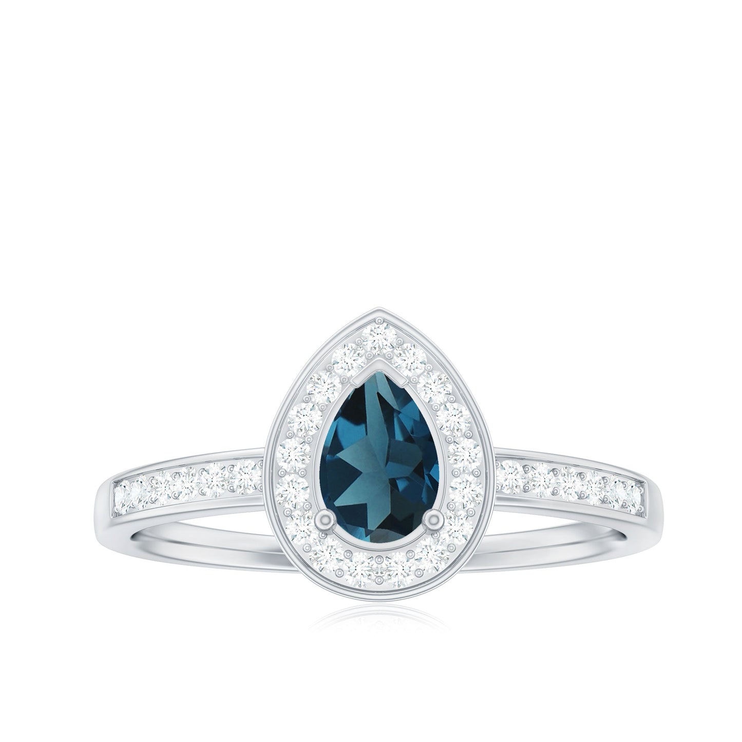 0.7 Carat Pear Shaped London Blue Topaz Engagement Ring with Diamond Halo