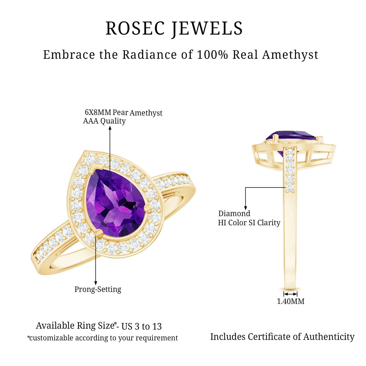 Real 1 Carat Amethyst Pear Shaped Engagement Ring with Diamond Halo