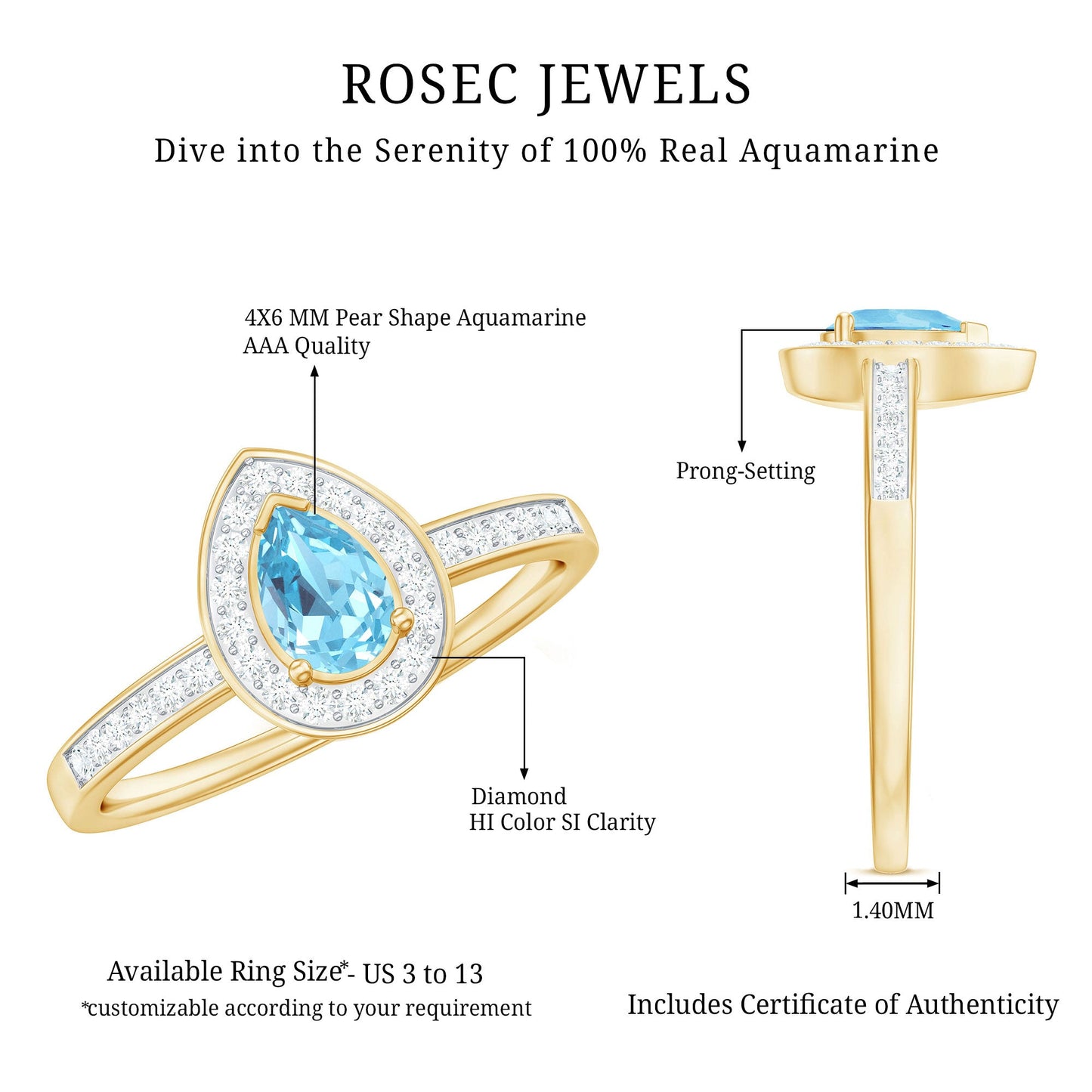 Natural Pear Shape Aquamarine Teardrop Engagement Ring with Diamond Halo