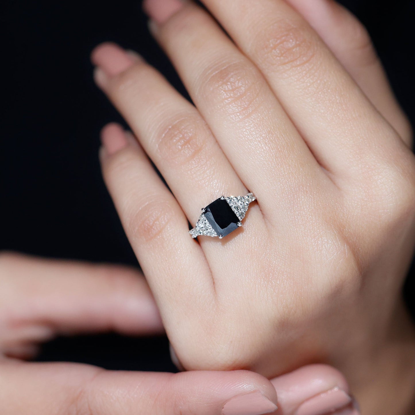 Certified 1.8 Carat Emerald Cut Black Onyx Engagement Ring with Diamonds