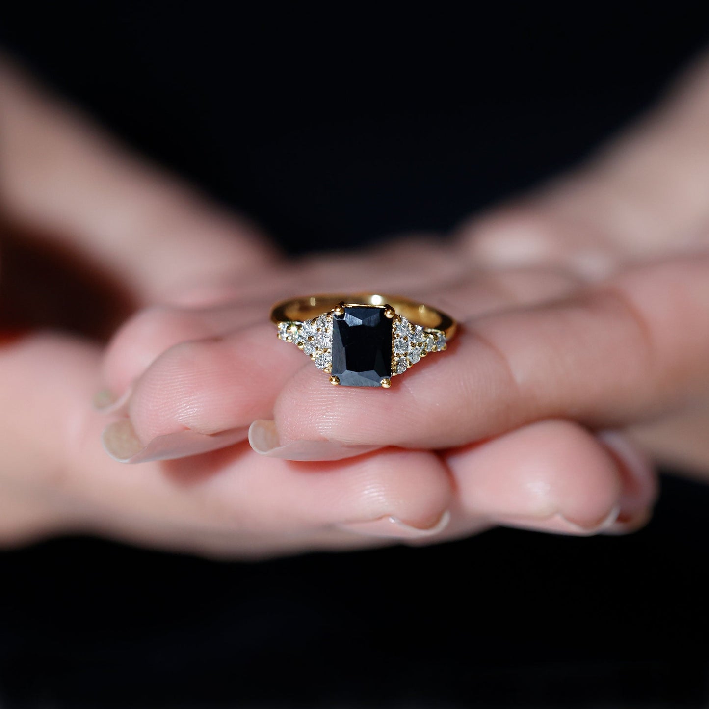 Certified 1.8 Carat Emerald Cut Black Onyx Engagement Ring with Diamonds