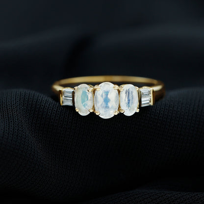 Genuine Oval Moonstone Three Stone Anniversary Ring
