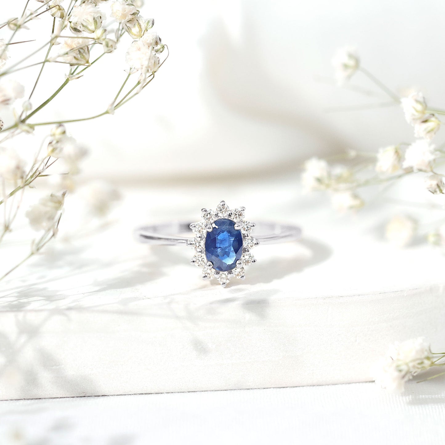 Natural 1 Carat Blue Sapphire Princess Diana Inspired Engagement Ring with Diamonds