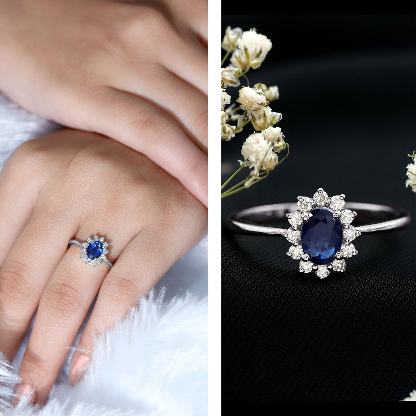 Natural 1 Carat Blue Sapphire Princess Diana Inspired Engagement Ring with Diamonds