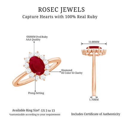 Natural 0.6 Carat Oval Ruby Engagement Ring with Diamond Halo
