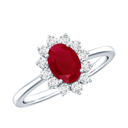Natural 0.6 Carat Oval Ruby Engagement Ring with Diamond Halo
