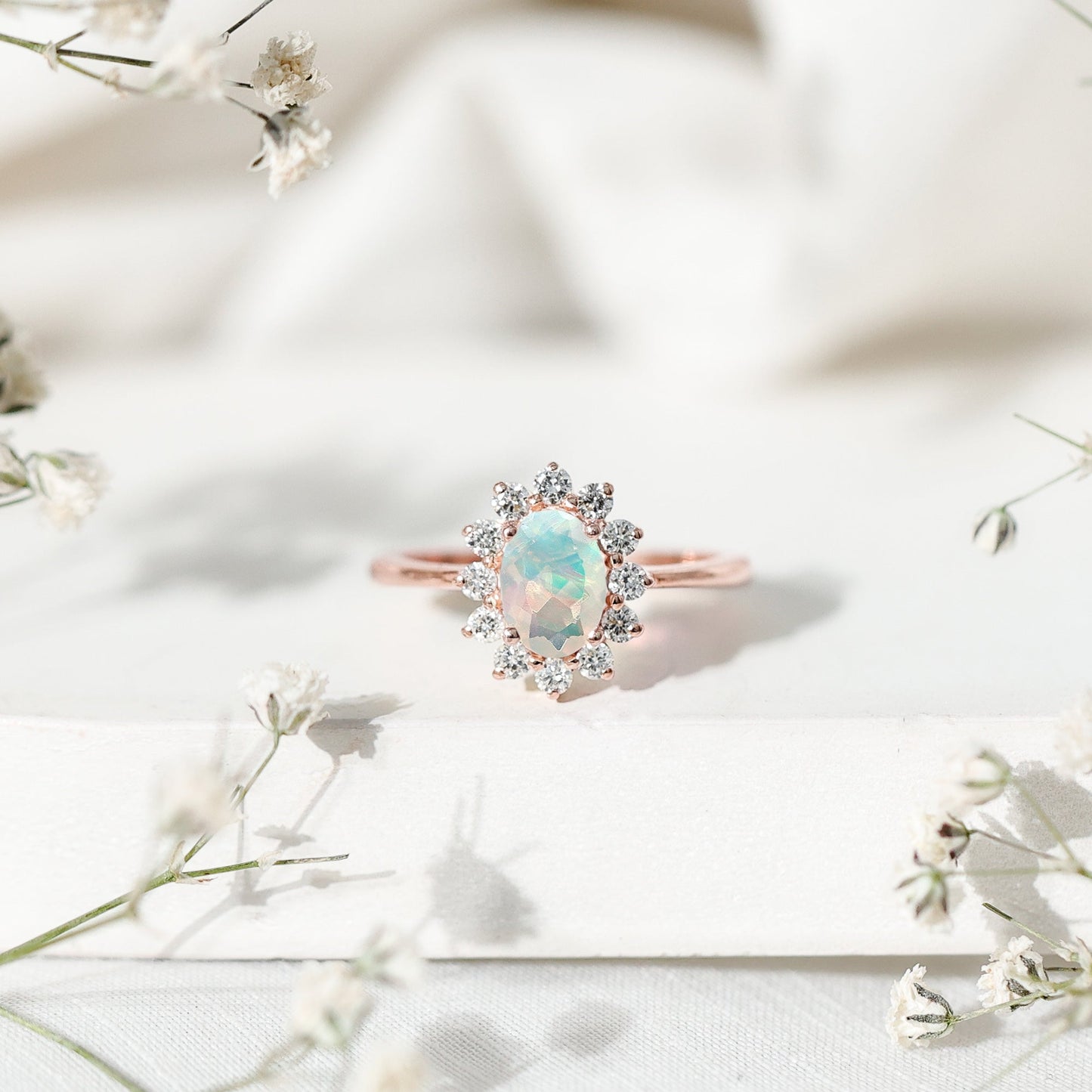 Certified Real Ethiopian Opal Oval Engagement Ring with Diamond Halo