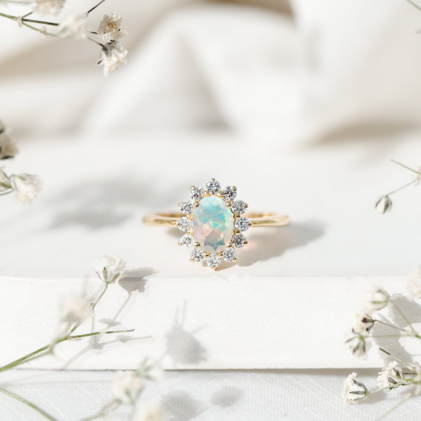 Certified Real Ethiopian Opal Oval Engagement Ring with Diamond Halo