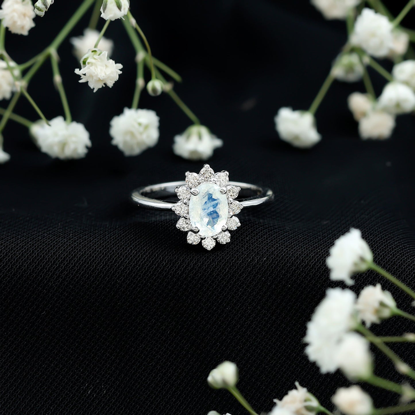 Princess Diana Inspired Moonstone Engagement Ring Diamond Halo