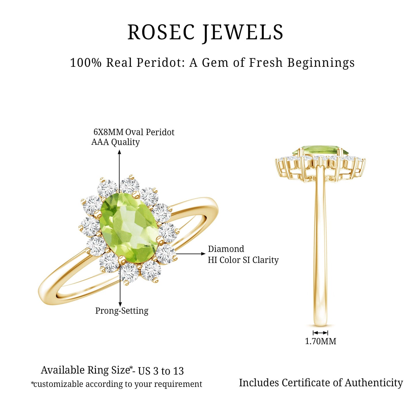 Real 1 Carat Peridot Oval Engagement Ring with Diamond Halo