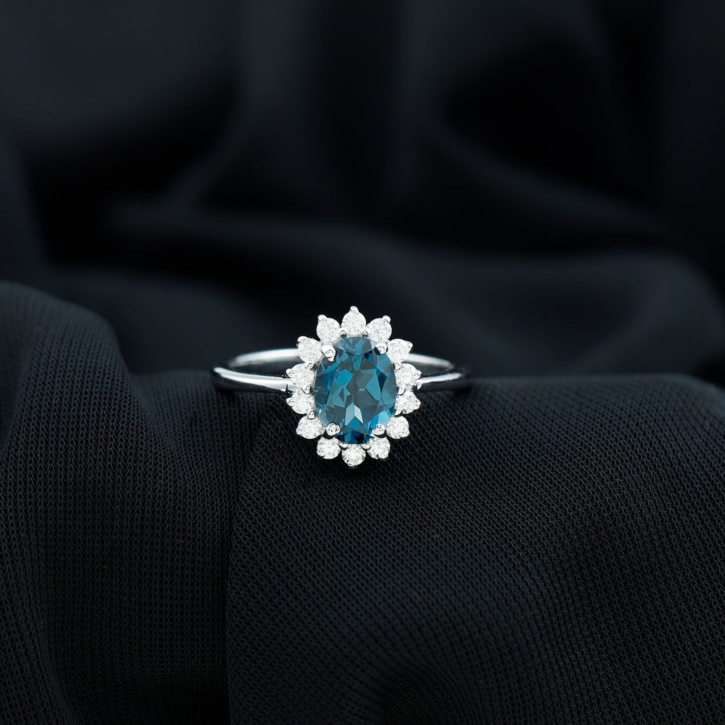Real 1 Carat London Blue Topaz Princess Diana Inspired Engagement Ring with Diamond