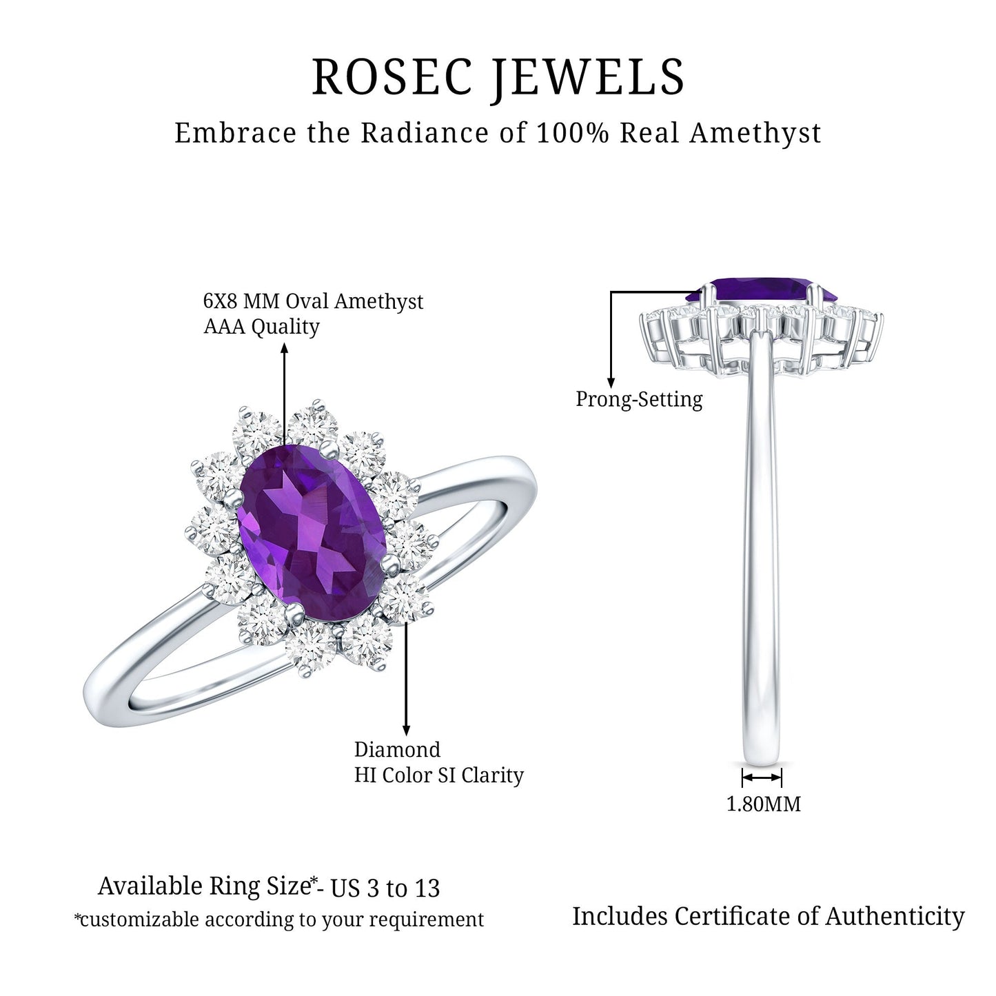 1 Carat Princess Diana Inspired Amethyst Engagement Ring Diamond Halo
