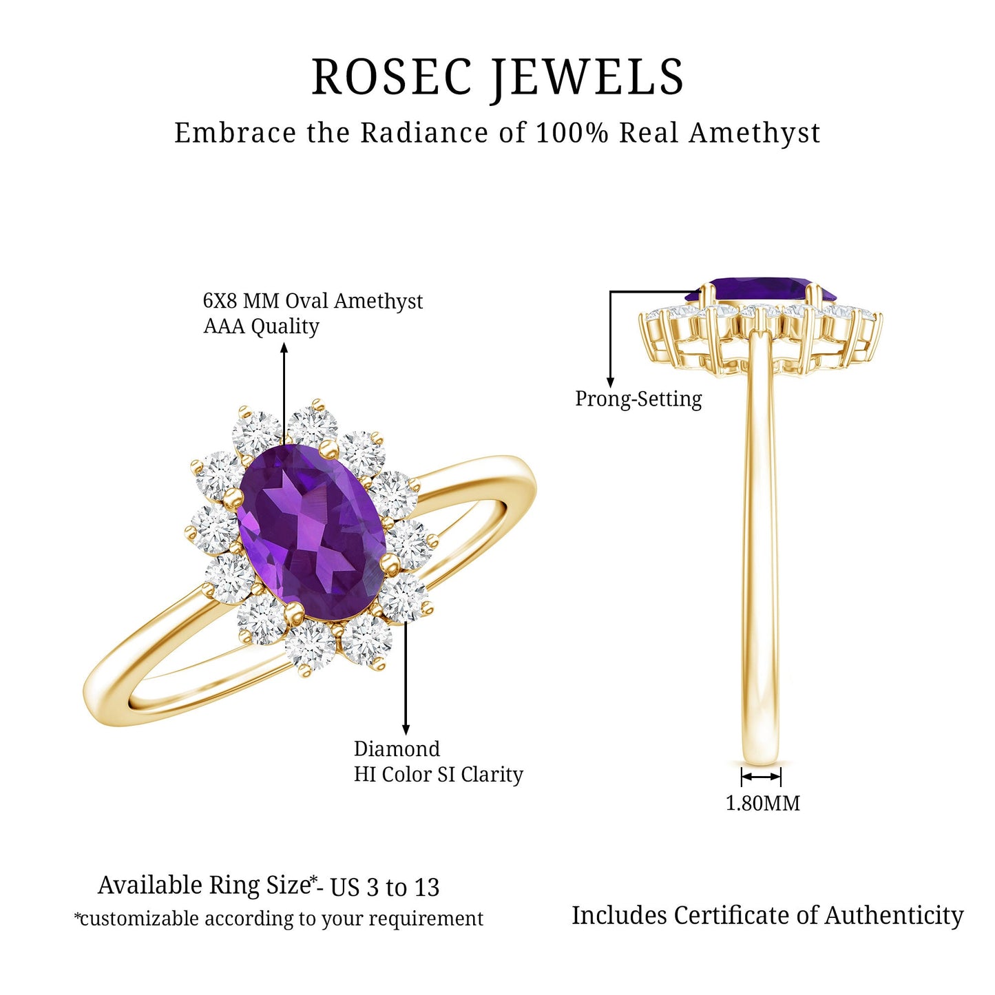 1 Carat Princess Diana Inspired Amethyst Engagement Ring Diamond Halo