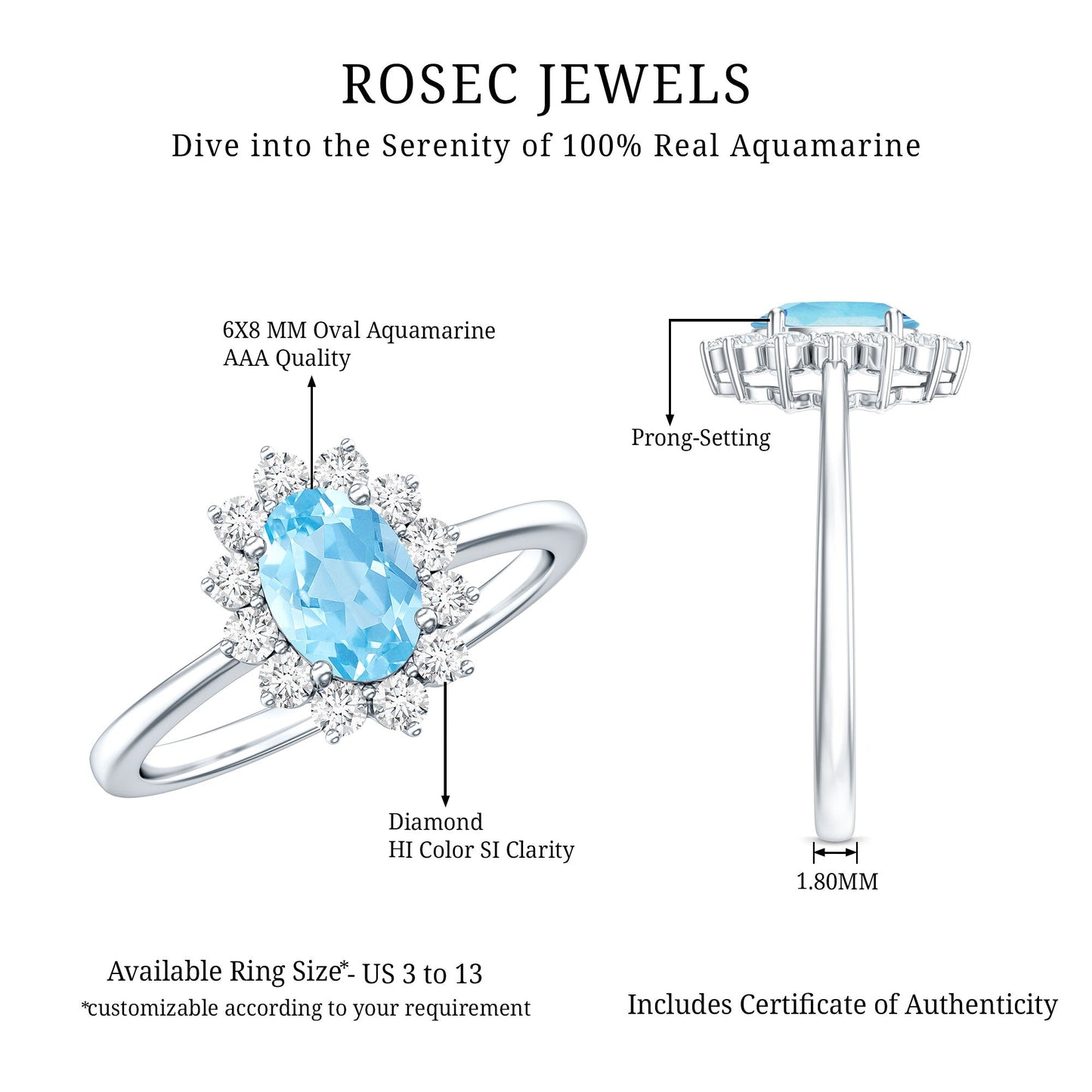 Natural 1 Carat Aquamarine Oval Engagement Ring with Diamond Halo