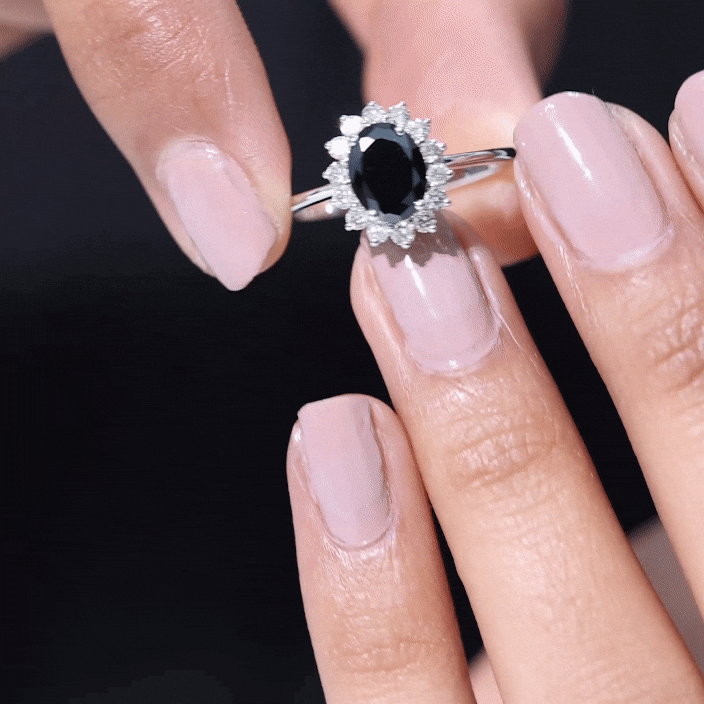 Oval Cut Real Black Onyx and Diamond Halo Engagement Ring