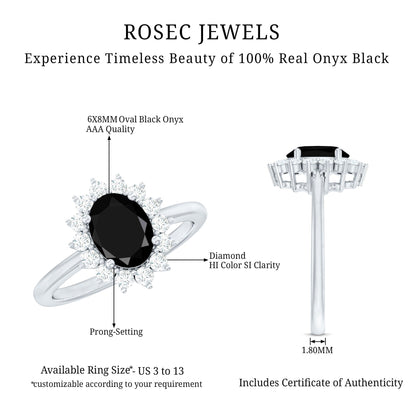 Oval Cut Real Black Onyx and Diamond Halo Engagement Ring