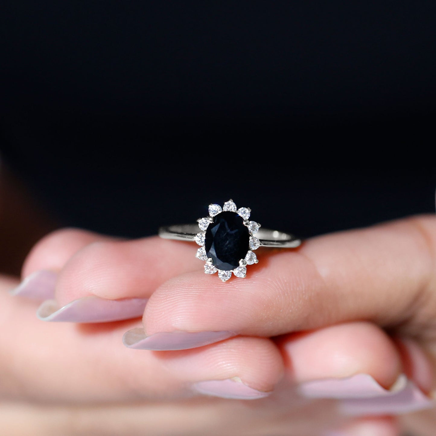 Oval Cut Real Black Onyx and Diamond Halo Engagement Ring