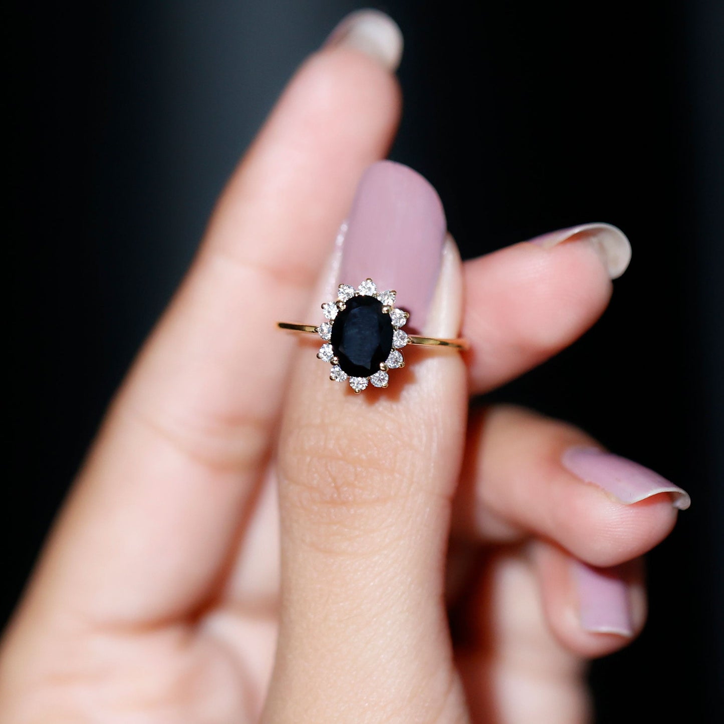 Oval Cut Real Black Onyx and Diamond Halo Engagement Ring