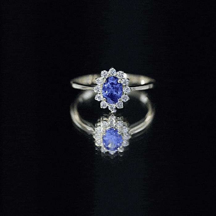 Certified 1 Carat Lab Grown Blue Sapphire Oval Engagement Ring with Diamond Halo