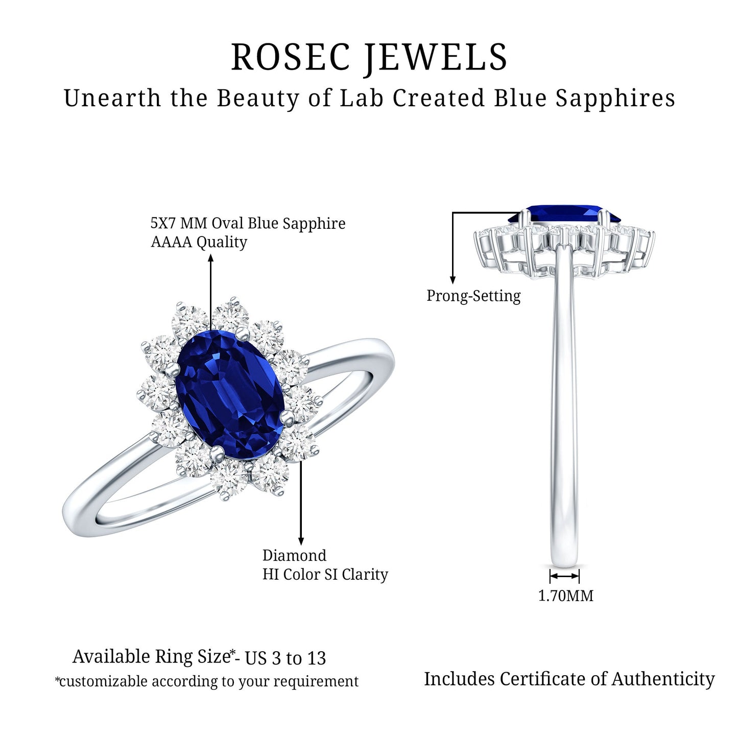 Certified 1 Carat Lab Grown Blue Sapphire Oval Engagement Ring with Diamond Halo