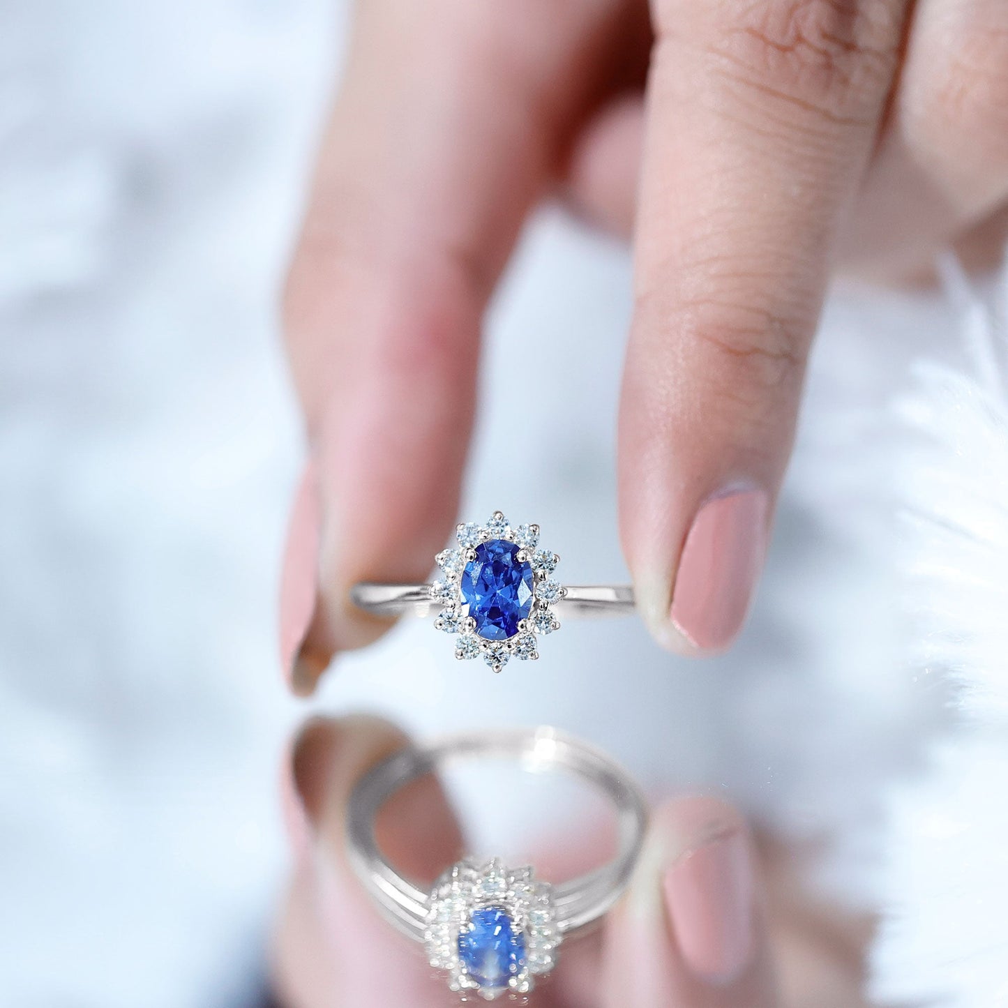 Certified 1 Carat Lab Grown Blue Sapphire Oval Engagement Ring with Diamond Halo
