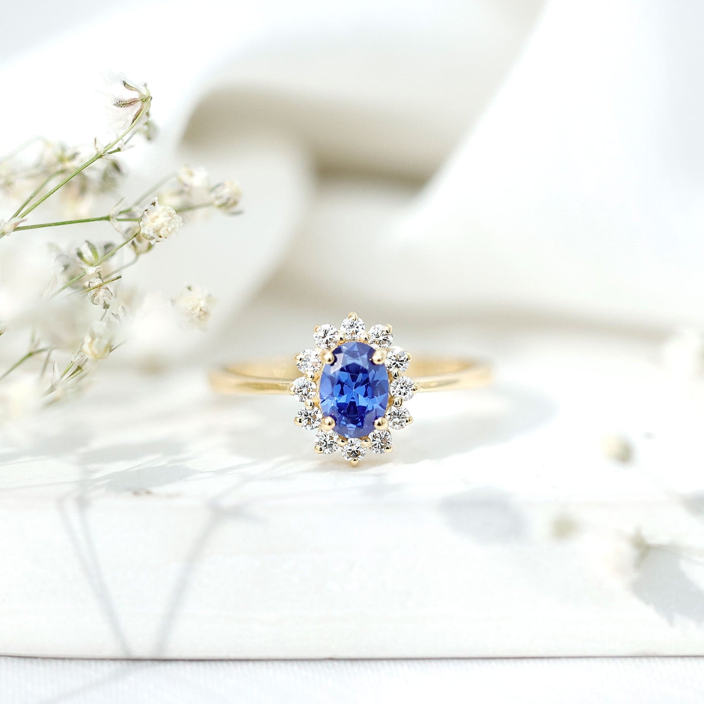Certified 1 Carat Lab Grown Blue Sapphire Oval Engagement Ring with Diamond Halo