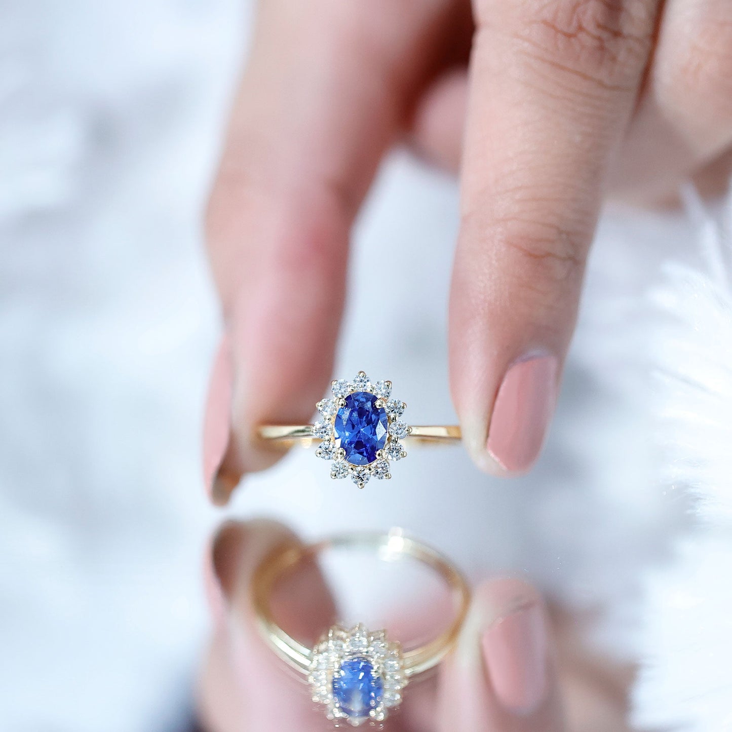 Certified 1 Carat Lab Grown Blue Sapphire Oval Engagement Ring with Diamond Halo