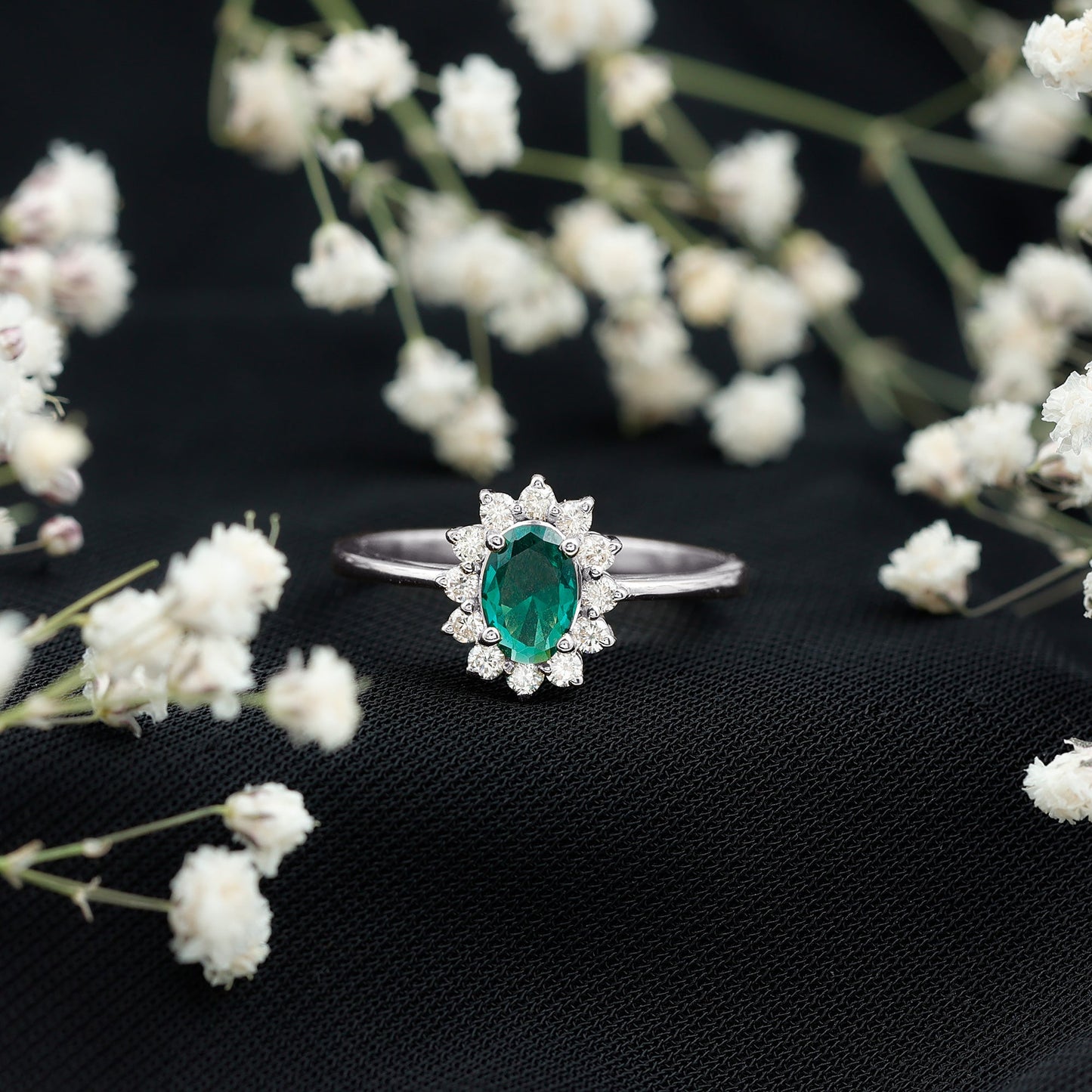 Lab Created Emerald Princess Diana Inspired Engagement Ring with Diamond