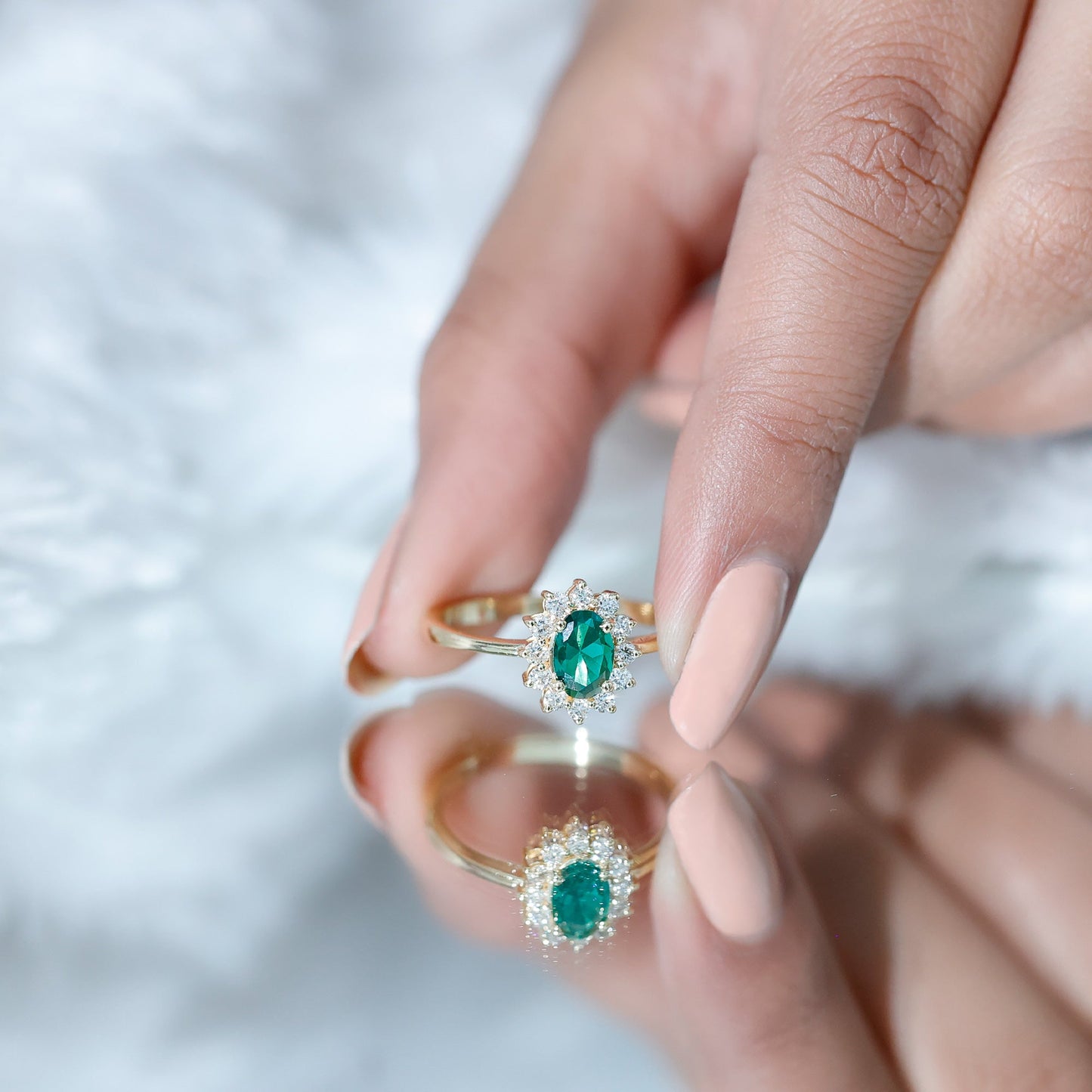 Lab Created Emerald Princess Diana Inspired Engagement Ring with Diamond