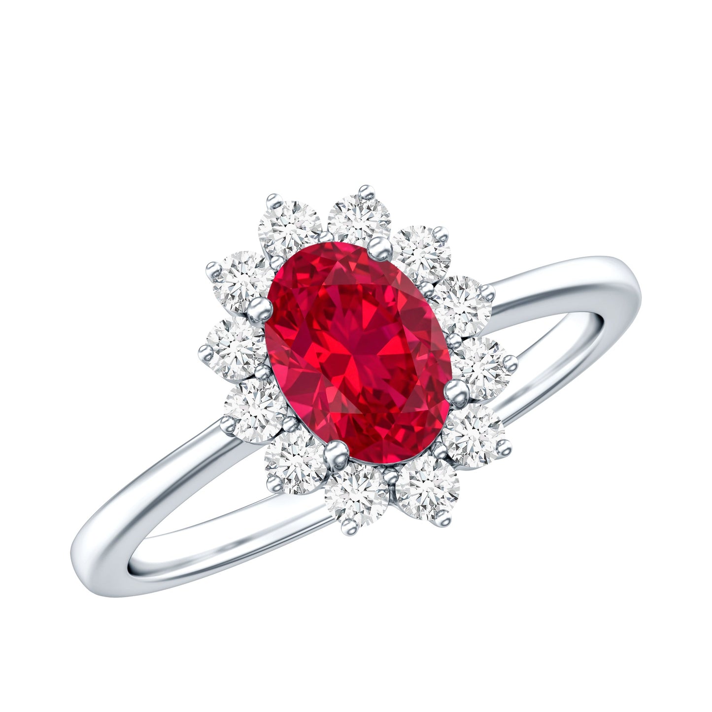 1.5 Carat Oval Shape Lab Grown Ruby and Diamond Halo Engagement Ring