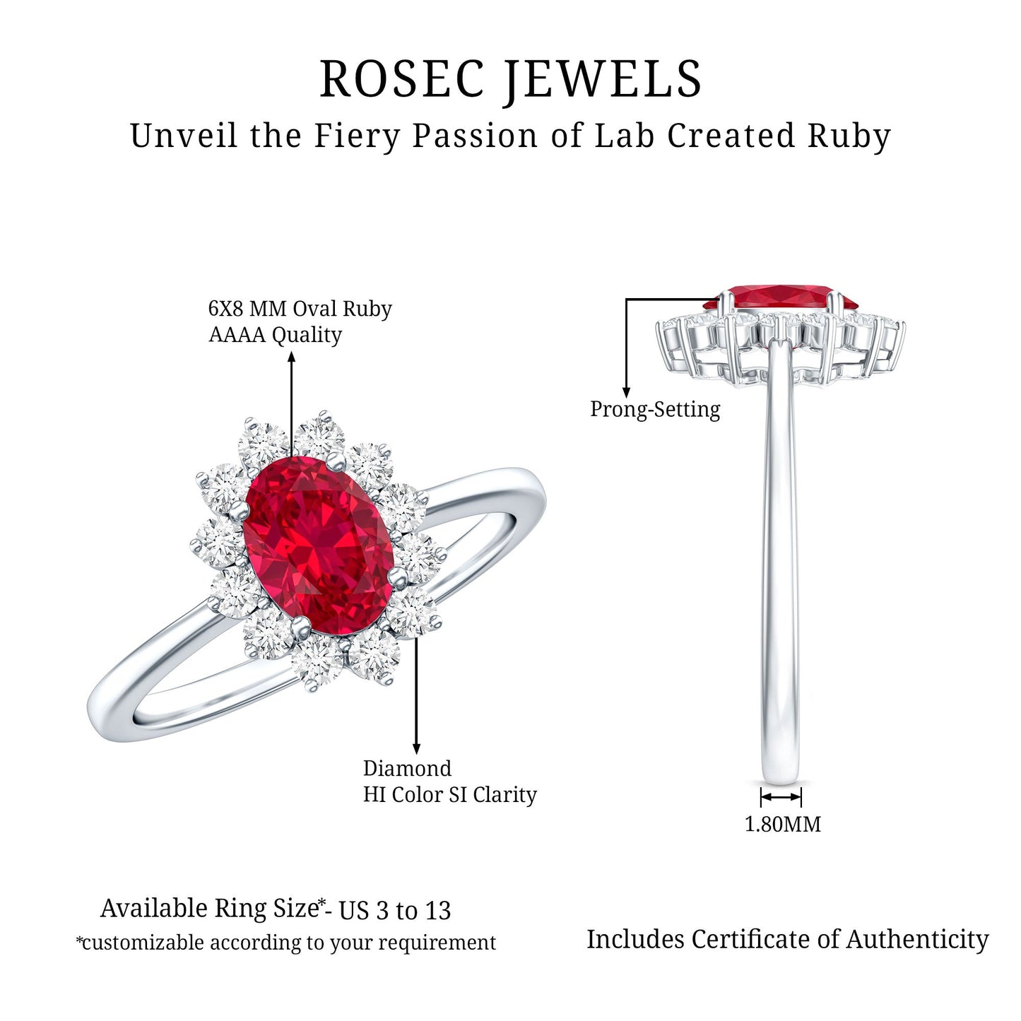 1.5 Carat Oval Shape Lab Grown Ruby and Diamond Halo Engagement Ring