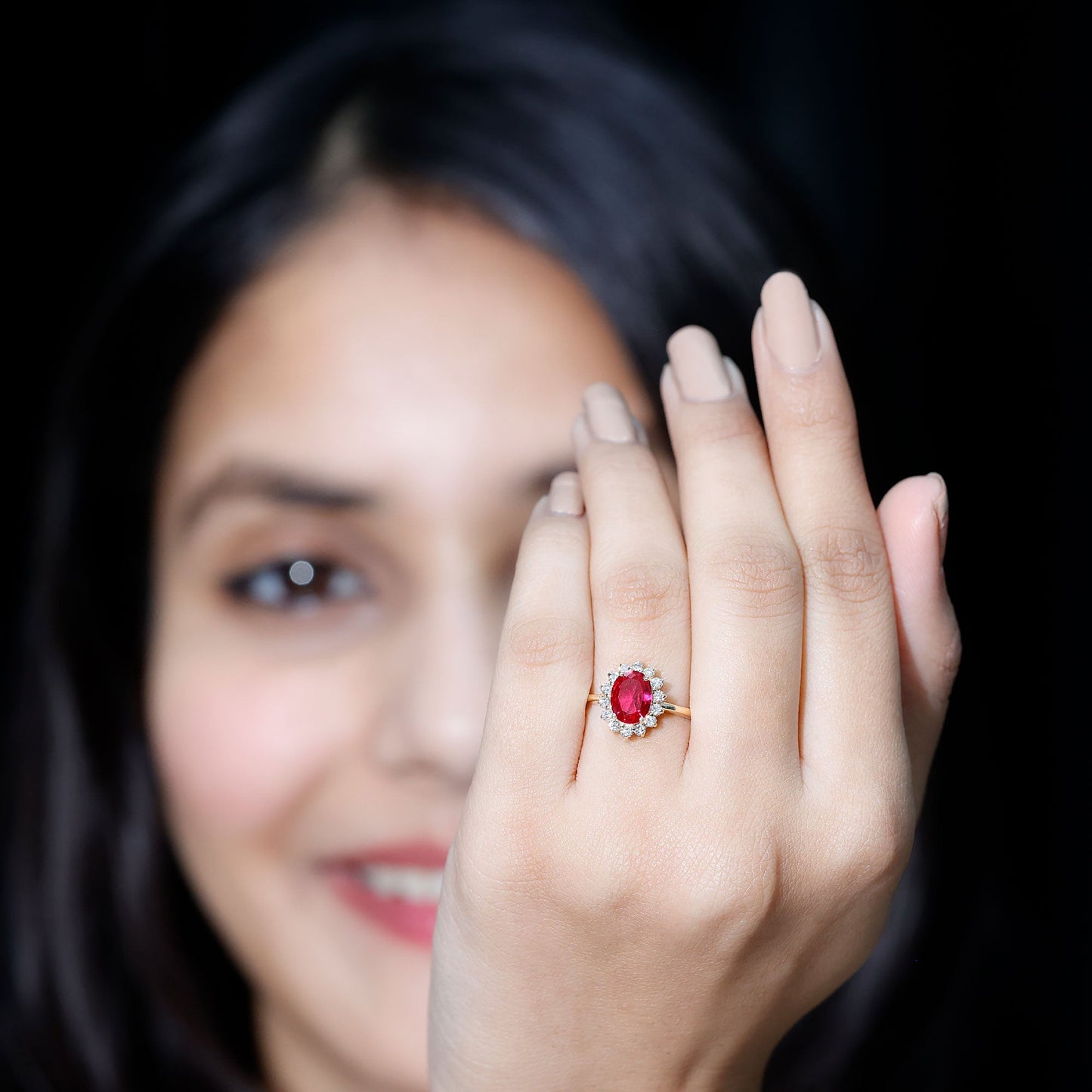 1.5 Carat Oval Shape Lab Grown Ruby and Diamond Halo Engagement Ring