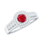 Antique Style Lab Ruby and Moissanite Double Halo Engagement Ring
