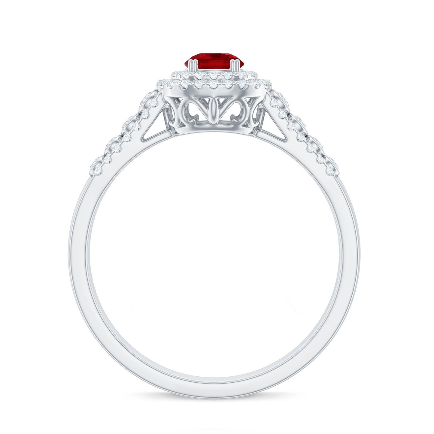 Antique Style Lab Ruby and Moissanite Double Halo Engagement Ring