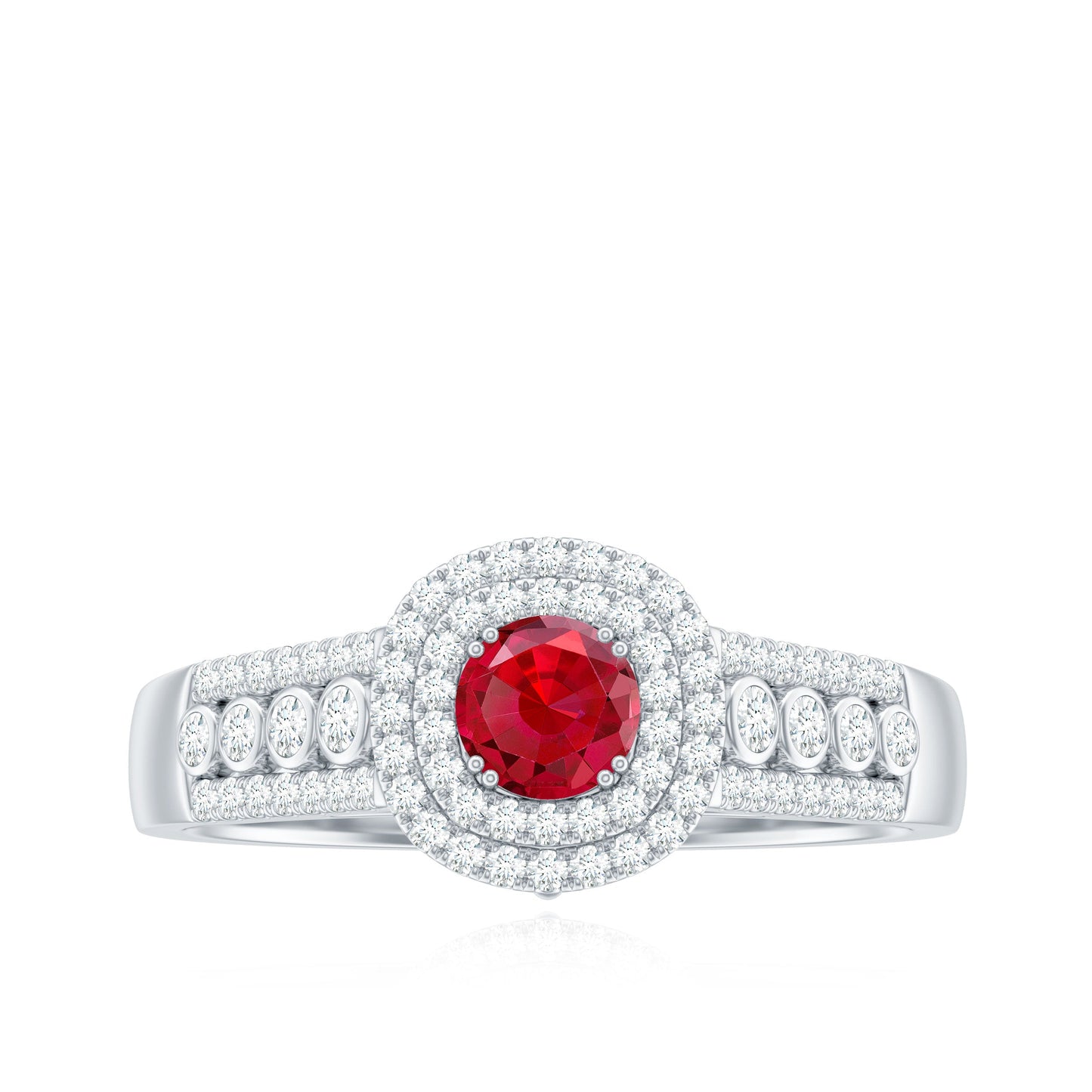Antique Style Lab Ruby and Moissanite Double Halo Engagement Ring