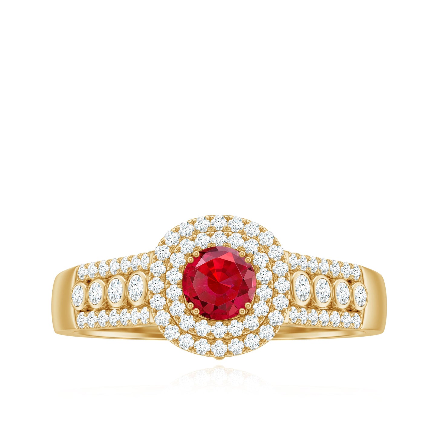 Antique Style Lab Ruby and Moissanite Double Halo Engagement Ring