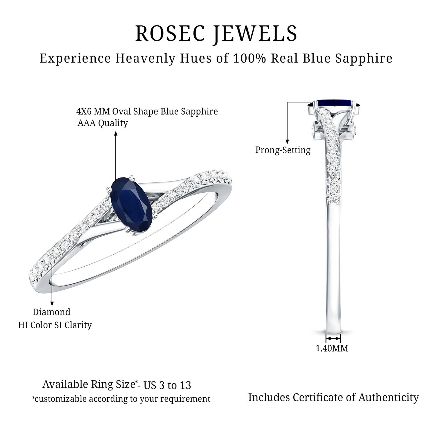 Natural 0.6 Carat Blue Sapphire Minimal Engagement Ring with Diamond Split Shank