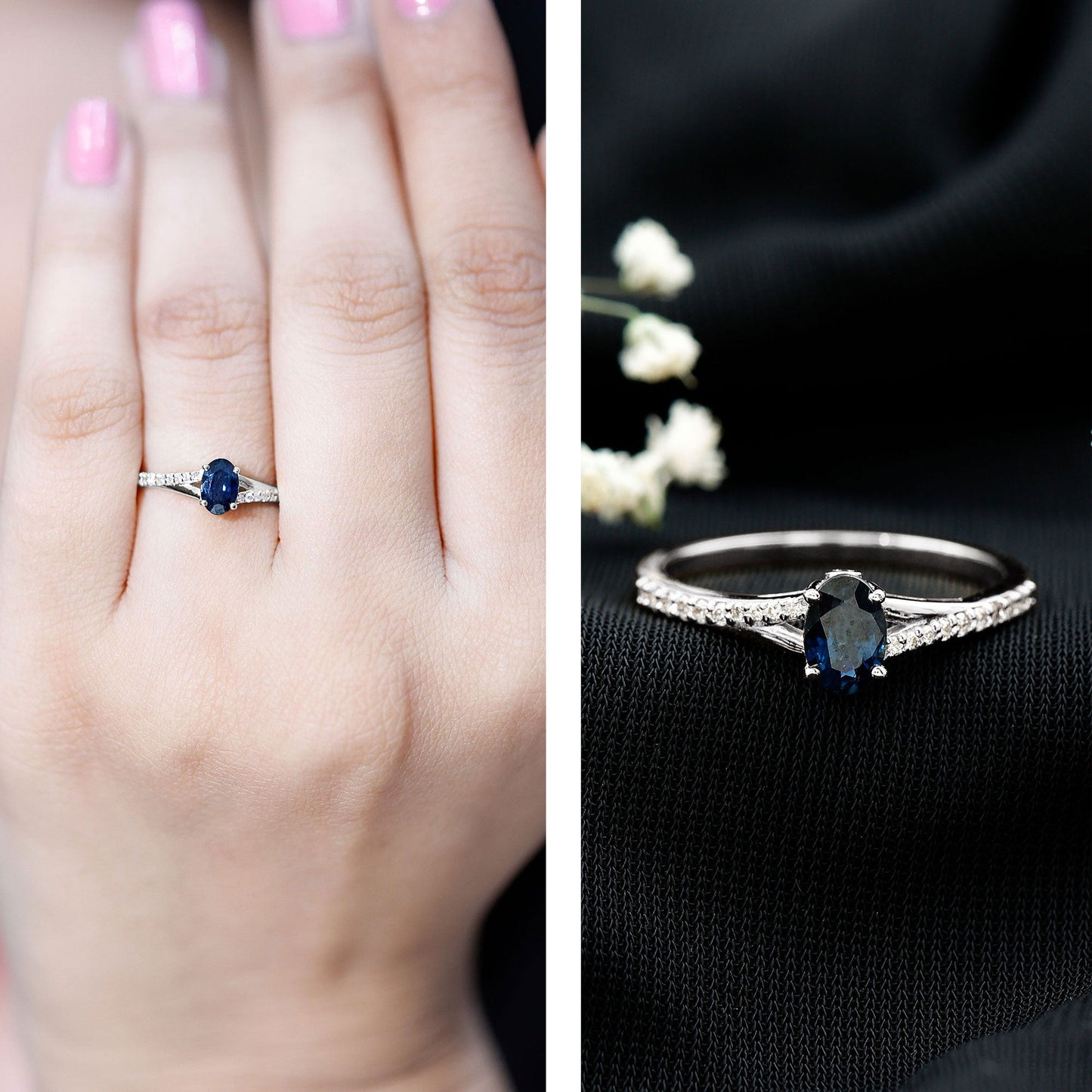 Natural 0.6 Carat Blue Sapphire Minimal Engagement Ring with Diamond Split Shank