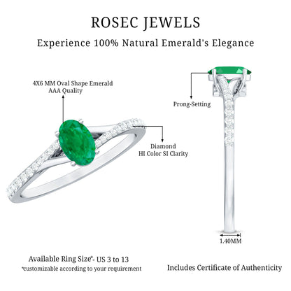 Natural Oval Emerald Promise Ring with Diamond Split Shank