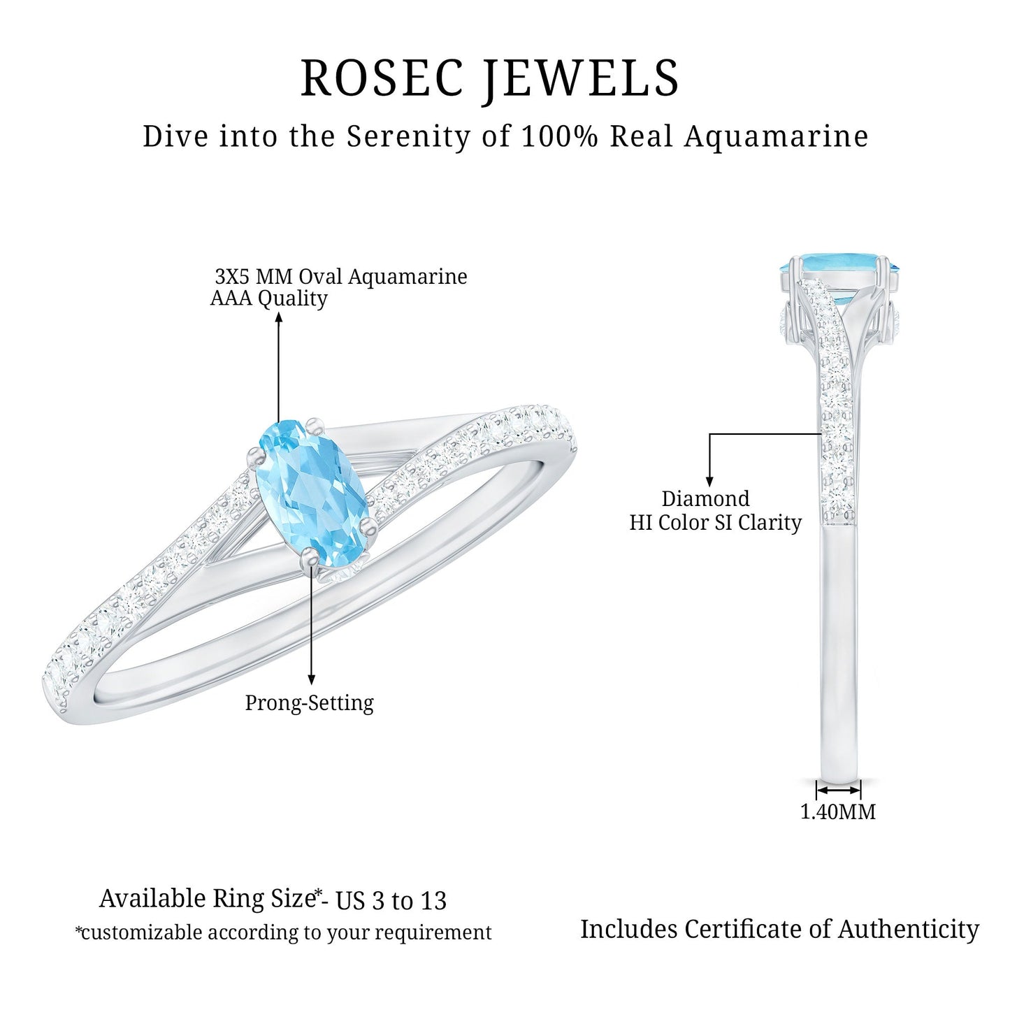 Natural Aquamarine Promise Ring with Diamond Split Shank