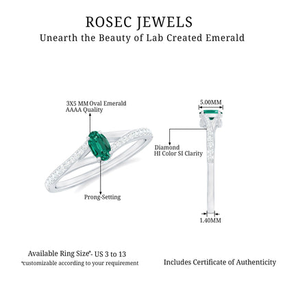 Oval Lab Grown Emerald Promise Ring with Diamond Split Shank