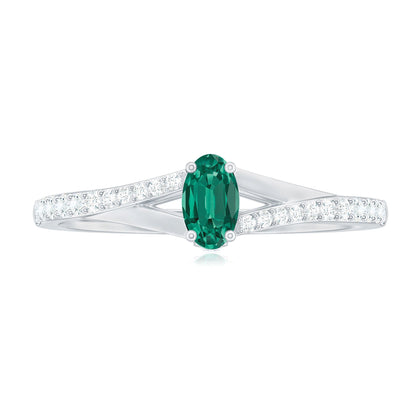 Oval Lab Grown Emerald Promise Ring with Diamond Split Shank