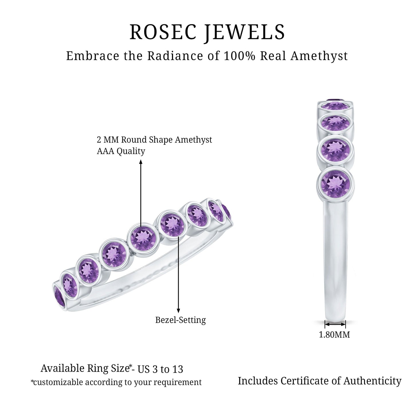 Bezel Set Natural Amethyst Half Eternity Wedding Band in Silver