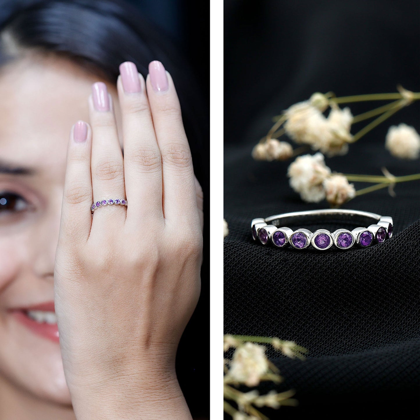 Bezel Set Natural Amethyst Half Eternity Wedding Band in Silver