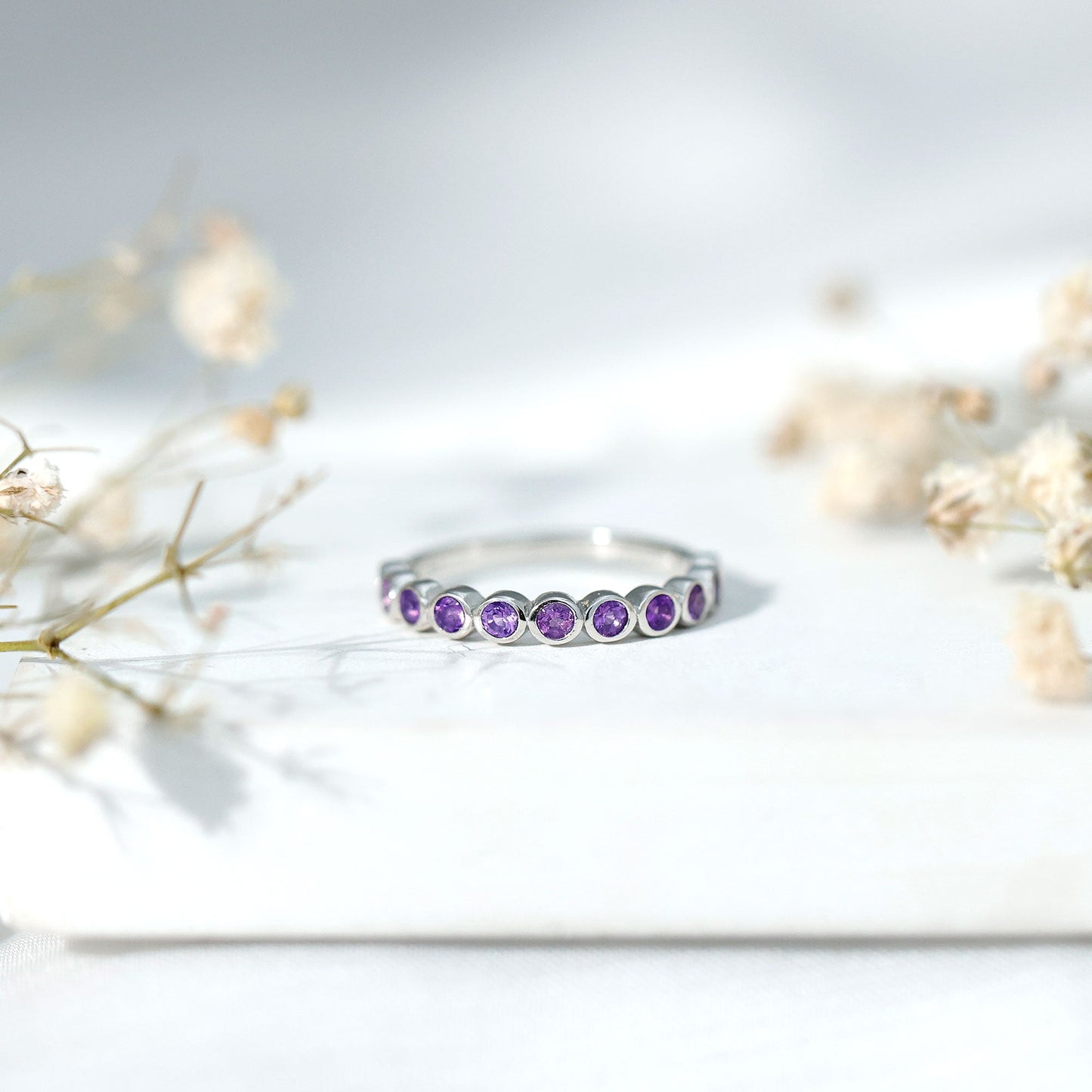 Bezel Set Natural Amethyst Half Eternity Wedding Band in Silver