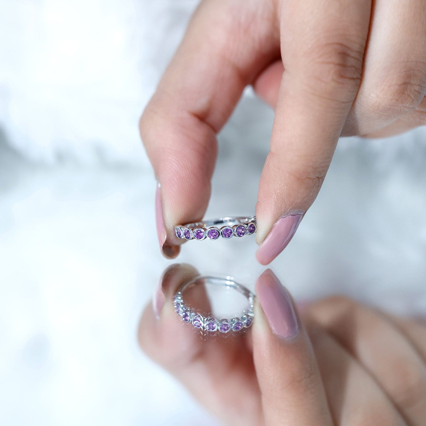 Bezel Set Natural Amethyst Half Eternity Wedding Band in Silver
