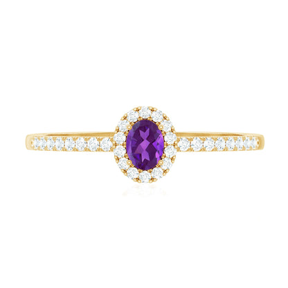 Genuine Oval Amethyst Promise Ring with Diamond Halo