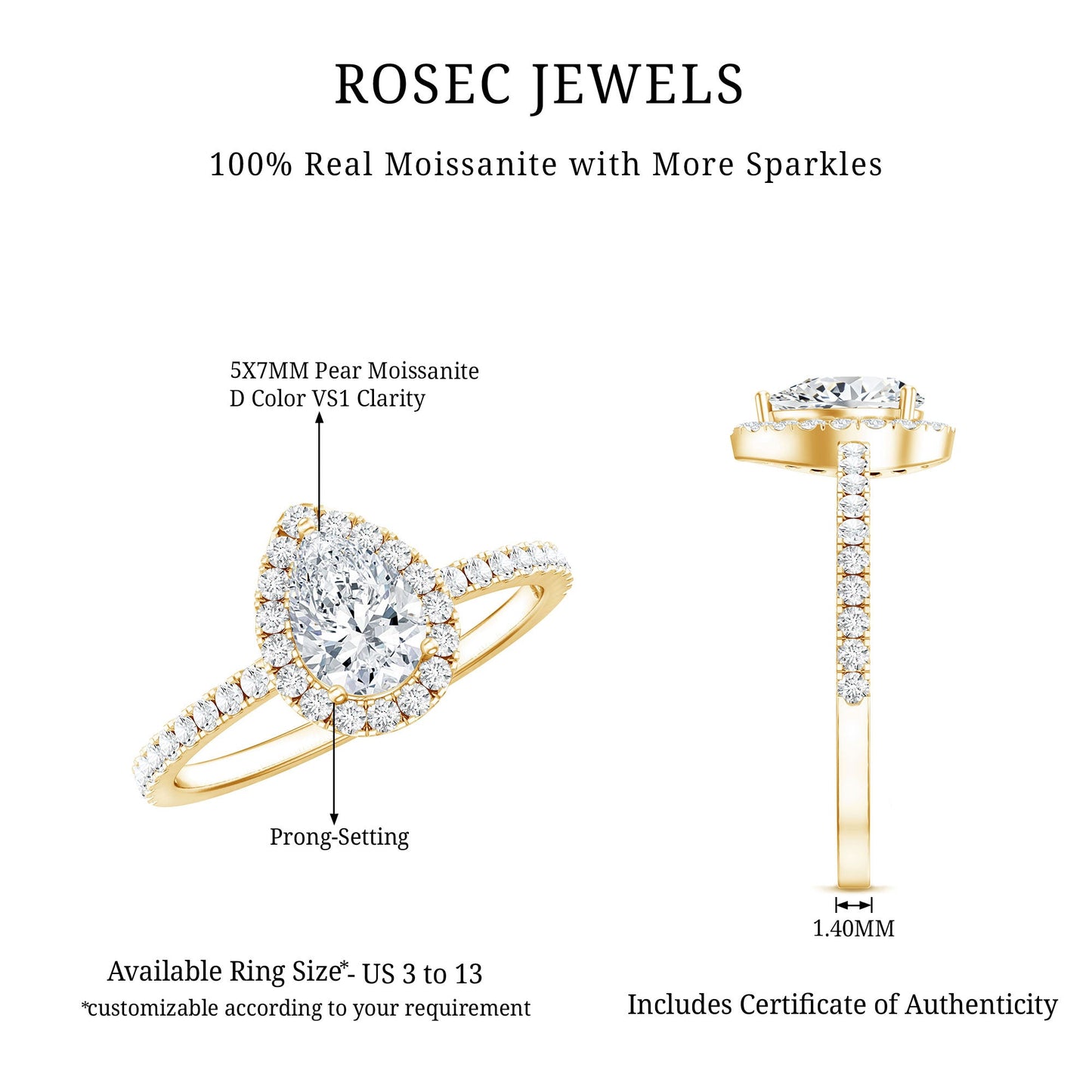 Certified 0.7 Carat Pear Shaped Moissanite Halo Engagement Ring